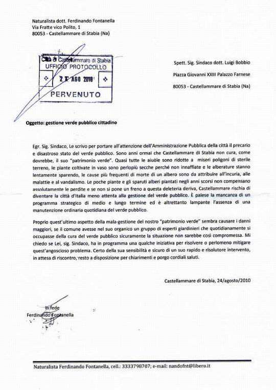 La lettera inviata nel 2010 al Sindaco Luigi Bobbio.