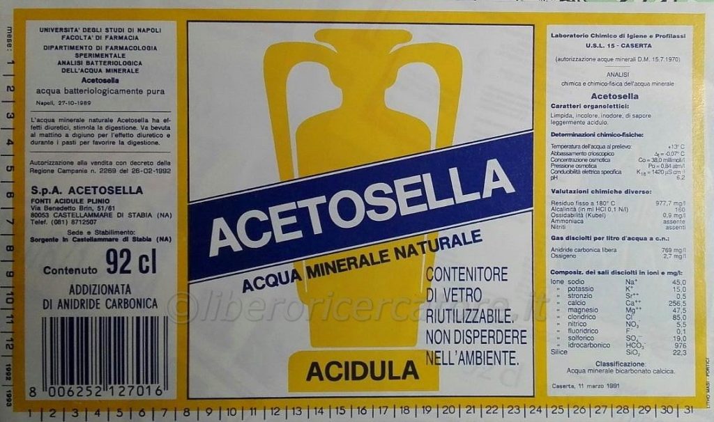 etichetta acqua acetosella