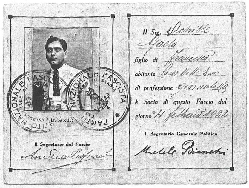 Achille Gaeta (tessera del Partito Nazionale Fascista - anno 1923)