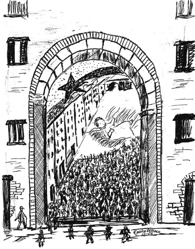 La fiumana di gente all'Arco del Cognulo in occasione della processione di Gesù Bambino (disegno Edis - 12-08)