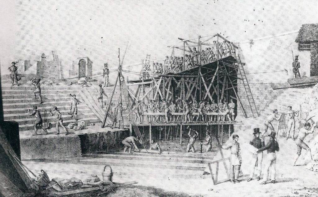 La costruzione dell’avantiscalo (litografia di G. Aloja - Museo di San Martino).