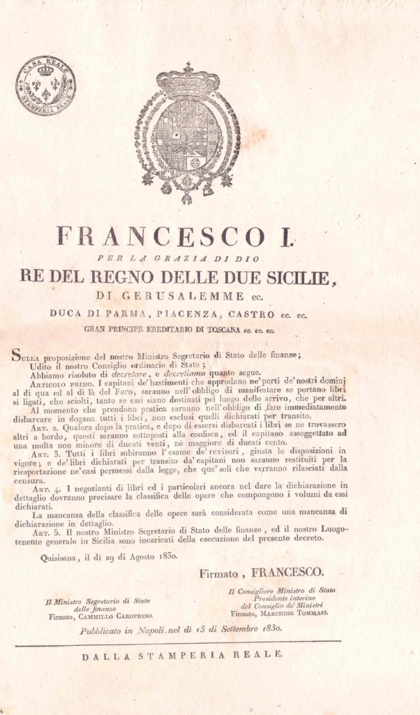 Quisisana - 29 agosto 1830 editto borbonico (coll. Gaetano Fontana)