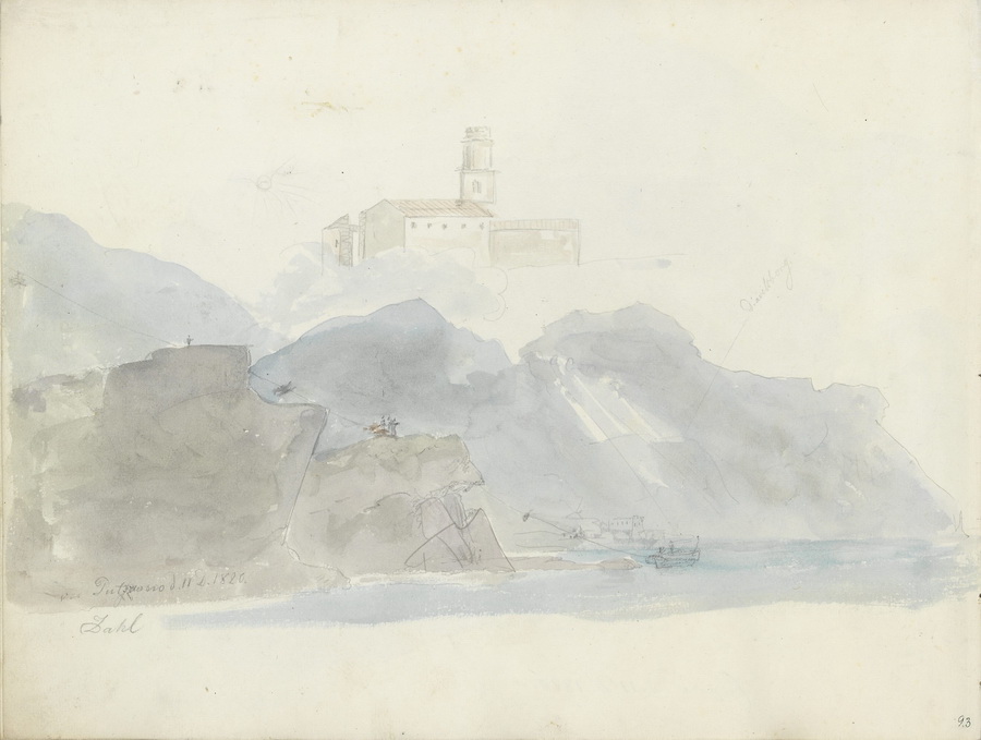 Kirken i Pozzan,kystparti ved Pozzano, Johan Christian Dahl, 11-12-1820