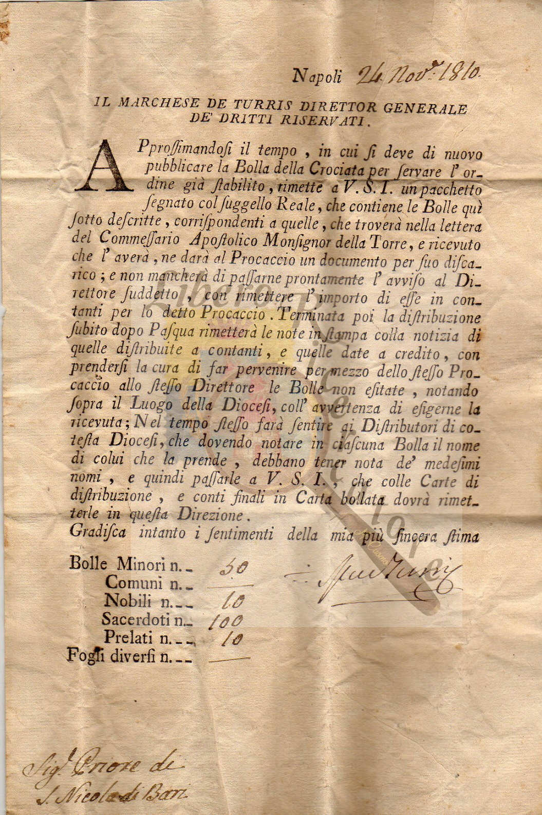 Documento a firma Marchese de Turris, collezione Gaetano Fontana