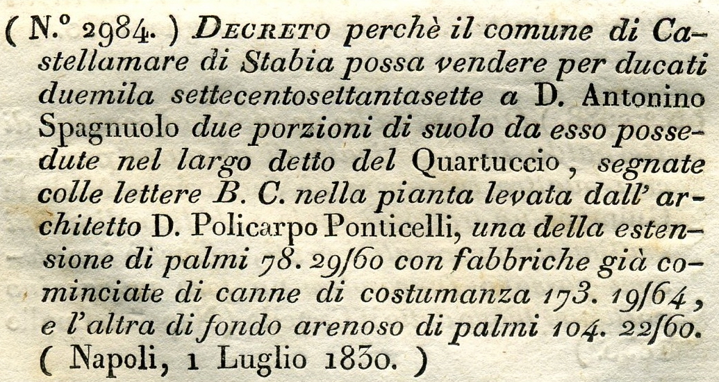 Fig. 4 Particolare decreto Quartuccio (Estr. da Collezioni delle leggi e de’ decreti reali del Regno delle Due Sicilie a. 1830 n°. 133).