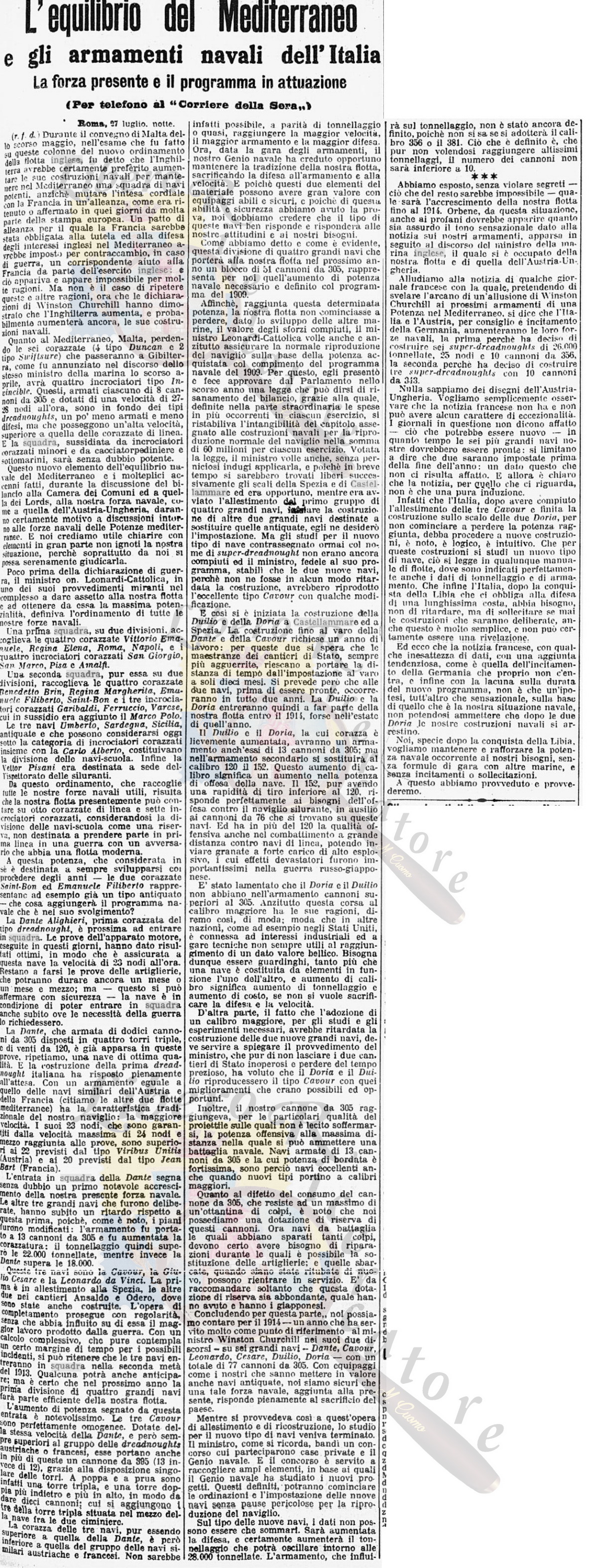 Equilibrio nel mediterraneo e gli armamenti navali dell'Italia, Corriere della Sera 28 Luglio 1912