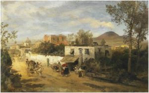 Strada di campagna a Pompei. Sullo sfondo il fumo del Vesuvio