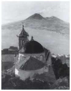 Carl Wuttke, Vista sul Vesuvio e la chiesa di San Francesco, 37 x 29 cm