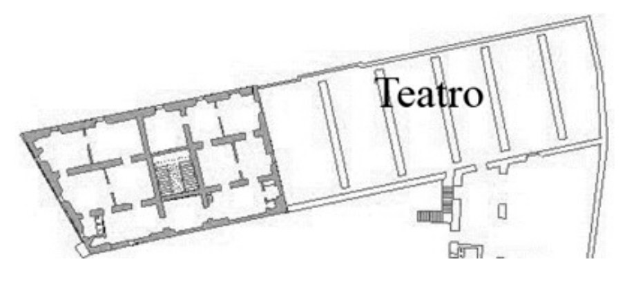 Fig. 7 Ricostruzione della pianta del Vitelli con particolare dell’area sulla quale doveva costruirsi il Teatro